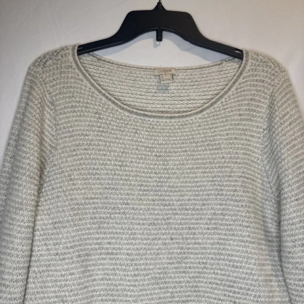 J. Crew Women’s Gray Striped Merino Wool Blend Crew Neck Sweater‎ Top Sz Large